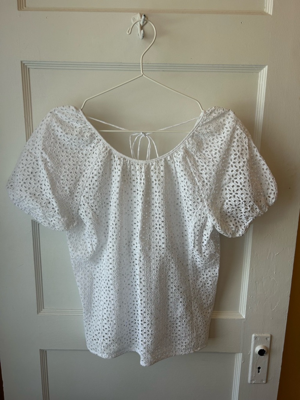 J. Crew V-back puff-sleeve eyelet top